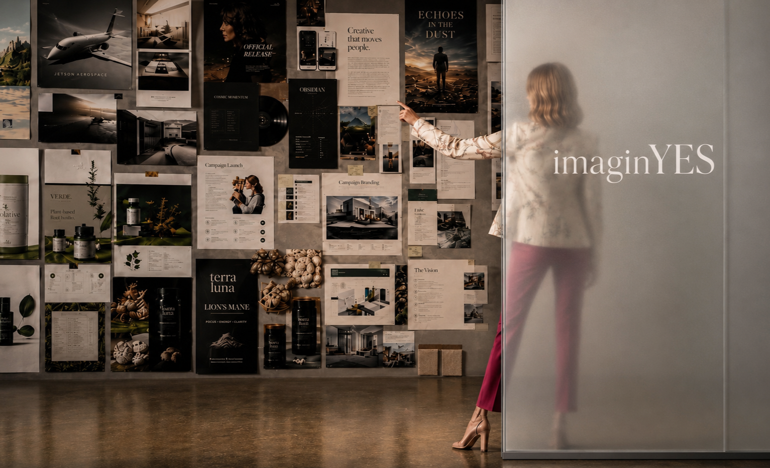 Patricia Bukur beside a conceptual wall of ideas and imagined projects.
